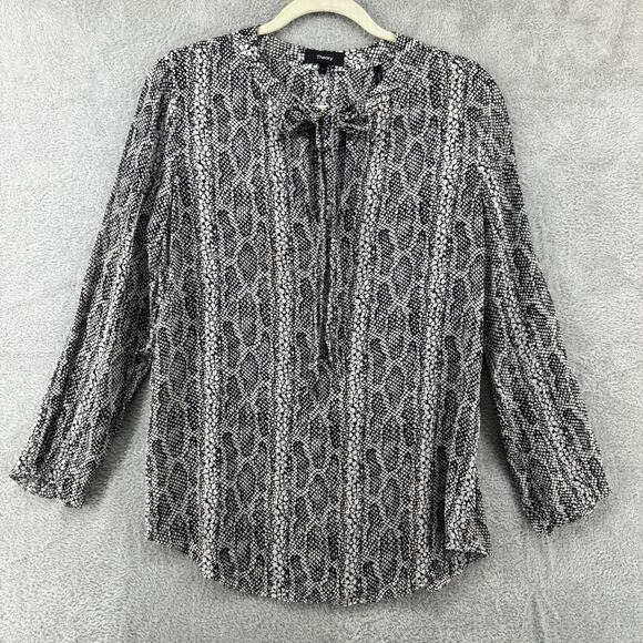 Theory Top L Black Silk Kimry Snake Print Pullover V-Neck Tie Keyhole 3/4 Sleeve - Picture 1 of 15